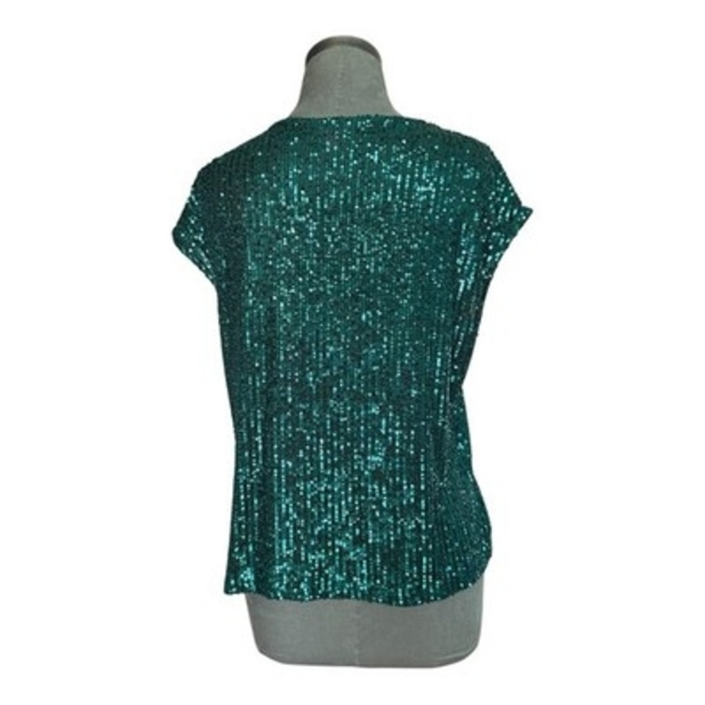 Vince Camuto Emerald Green Sequin V-Neck Top Sleeveless Sz M Dazzling VG - Picture 5 of 6